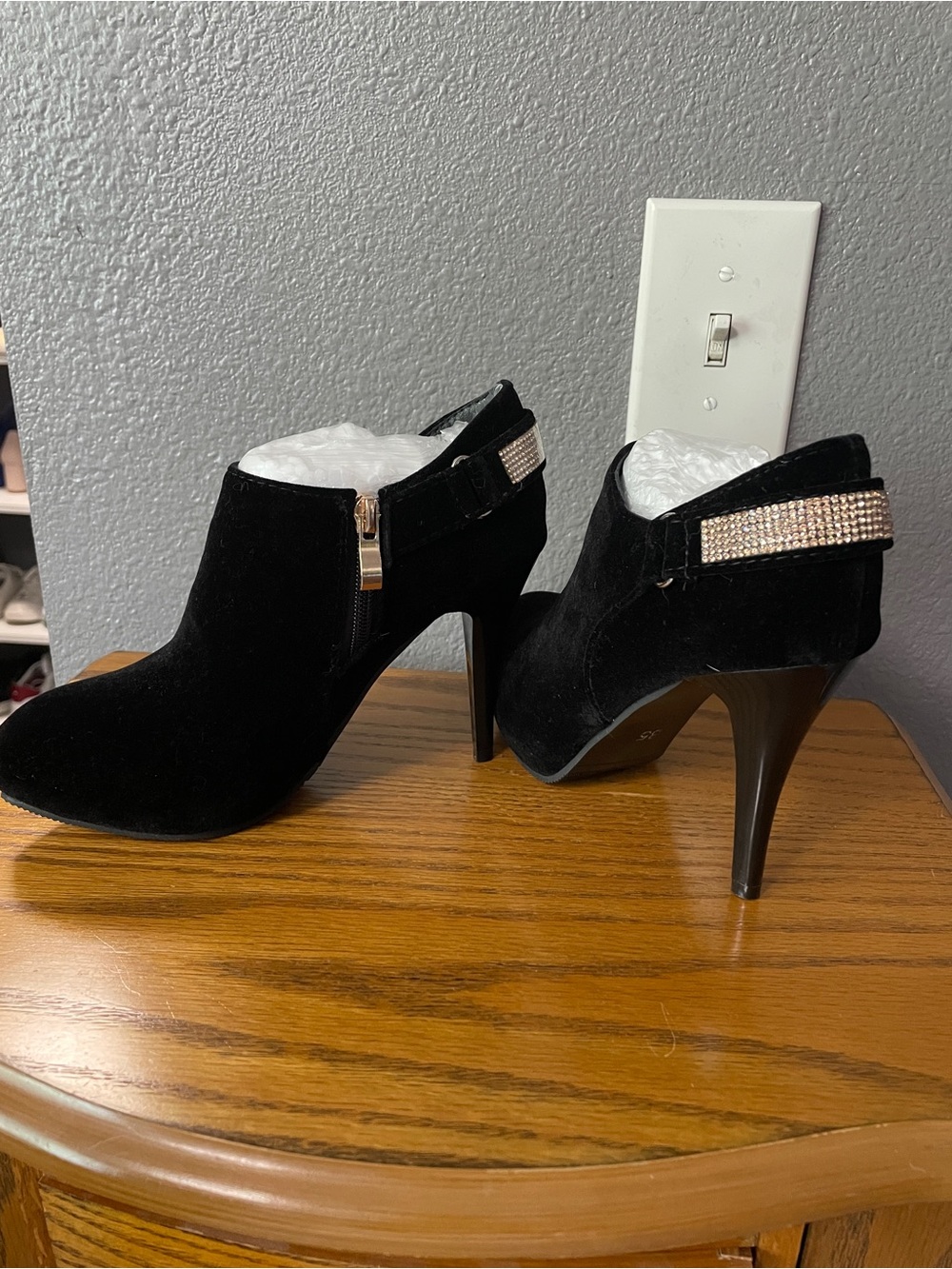 Black Suede High-Heel Ankle Booties with Crystal Strap